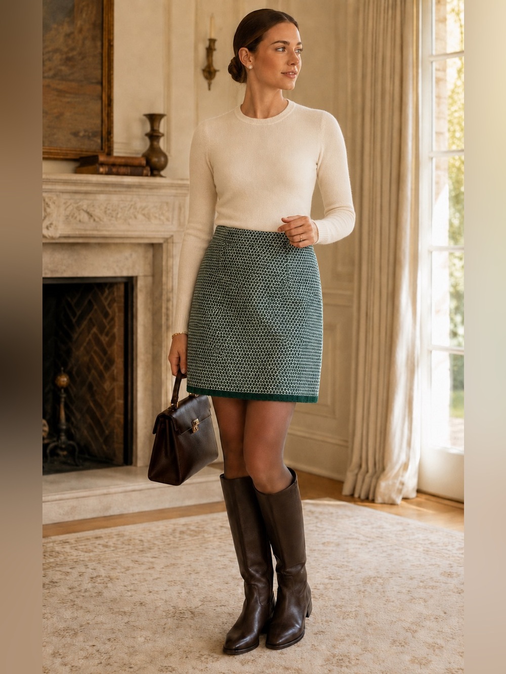 Green Patterned Pencil Skirt